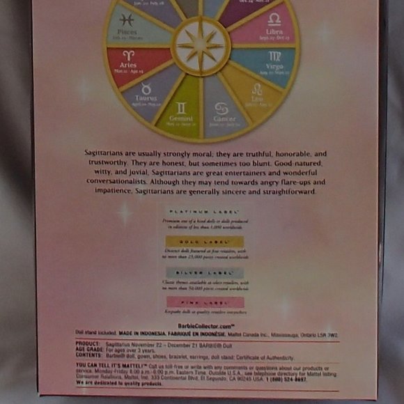 Mattel Barbie Pink Label Horoscope Sagittarius Collectible 2004 Brand New NIB - Picture 8 of 8